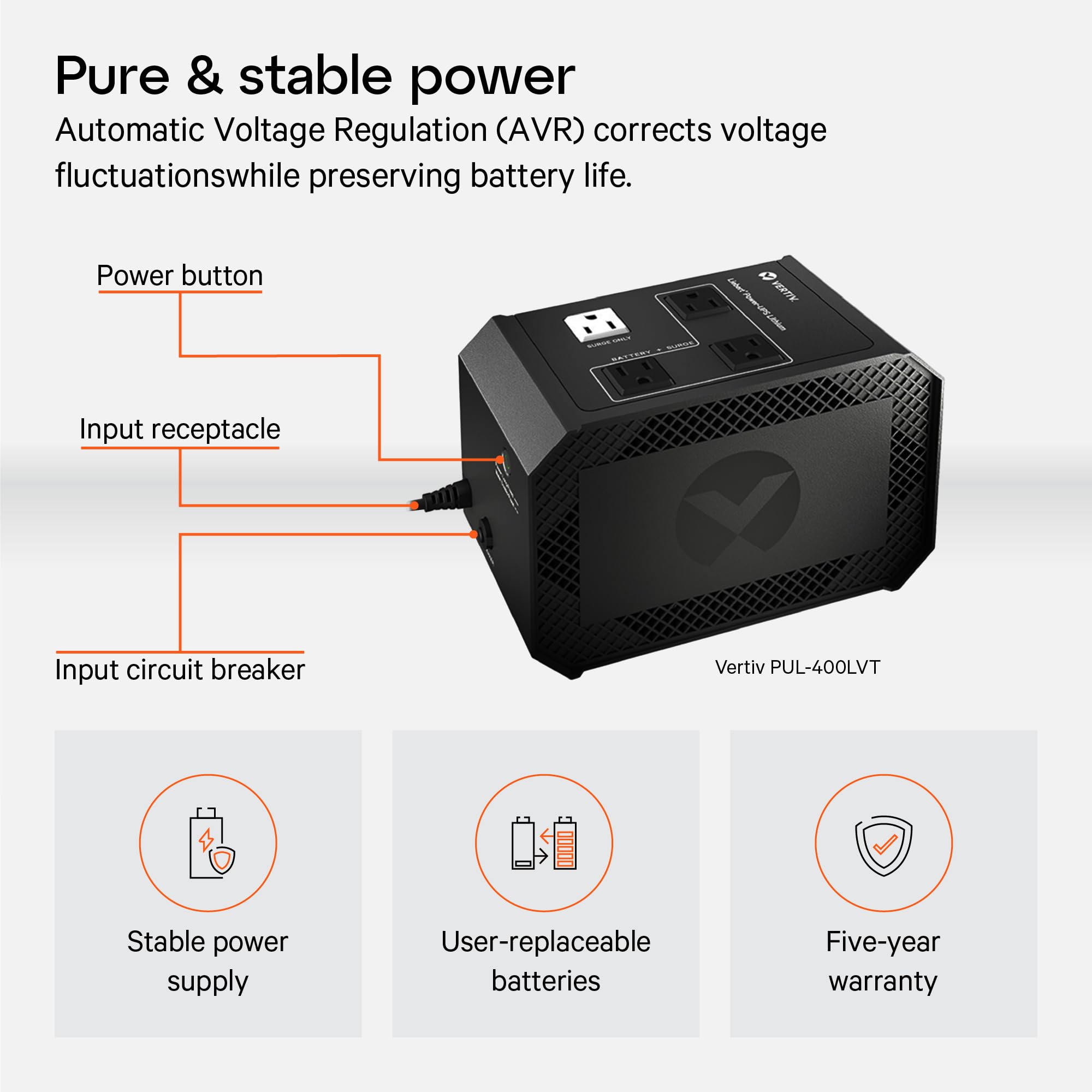 Vertiv Liebert Power UPS Litio, 400VA/240W, 120V, Iones de Litio, UPS en Espera, (4) Tomas NEMA 5-15R (3 Pilas de Respaldo), Certificado Energy Star, Compacto Ligero (PUL-400LVT)
