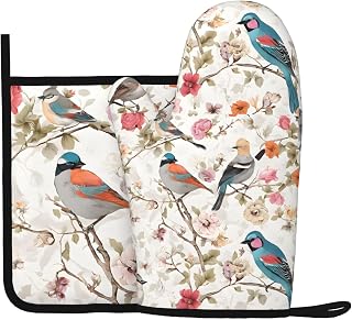 Oven Mitts and Pot Holders for Outdoor Cooking Baking BBQs Heat Resistant Polyester Silicone Oven Gloves Hot Pads, Kitchen Decor and Accessories Home Must Haves List - Japanese Pine & Birds