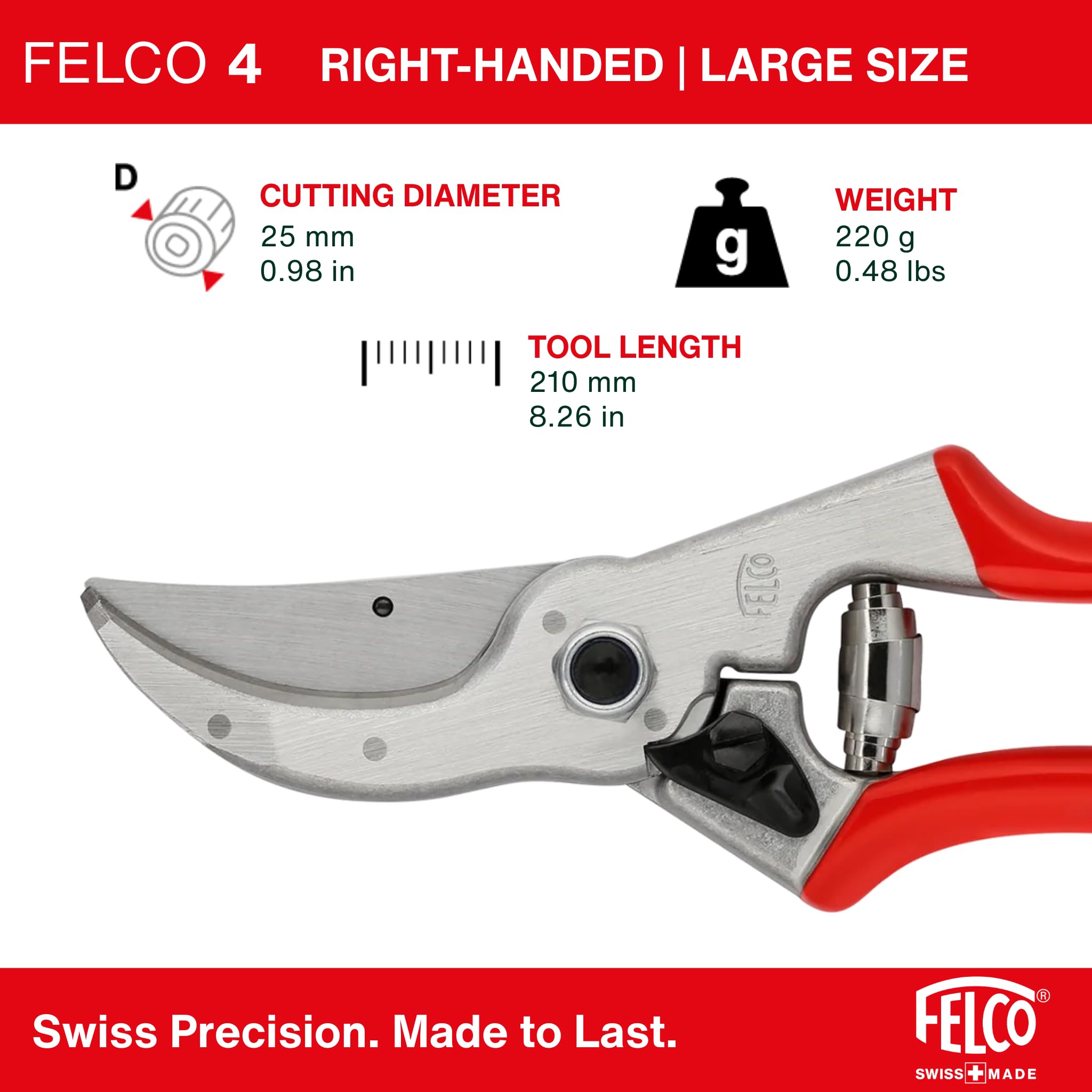 FELCO 4 sekator bypass solidny dla praworęcznych, ostrze ze stali hartowanej 45 mm, rękojeści z kutego aluminium, mocne cięcie do 25 mm, narzędzie szwajcarskie profesjonalne