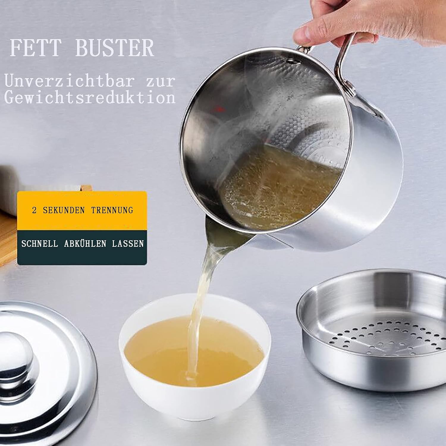 Fettabscheider Edelstahl, Fetttrennkanne, Soßen Fetttrenner Sauciere Fetttrenner Mit Deckel Für Das Abschöpfen Von Fett Aus Soßen Und Suppen 1300ML