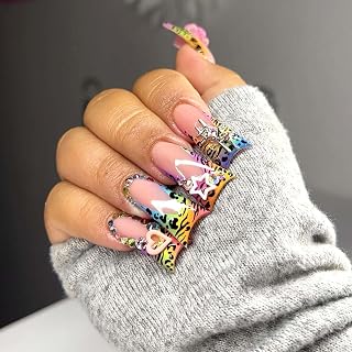 Duck Press On Nails Medium Duck Nails Press On French Fake Nails Rhinestones Nails Press Ons Leopard Print Glue On Nails Acrylic Nails Artificial Nails For Woman 24pcs(Duck French Leopard)