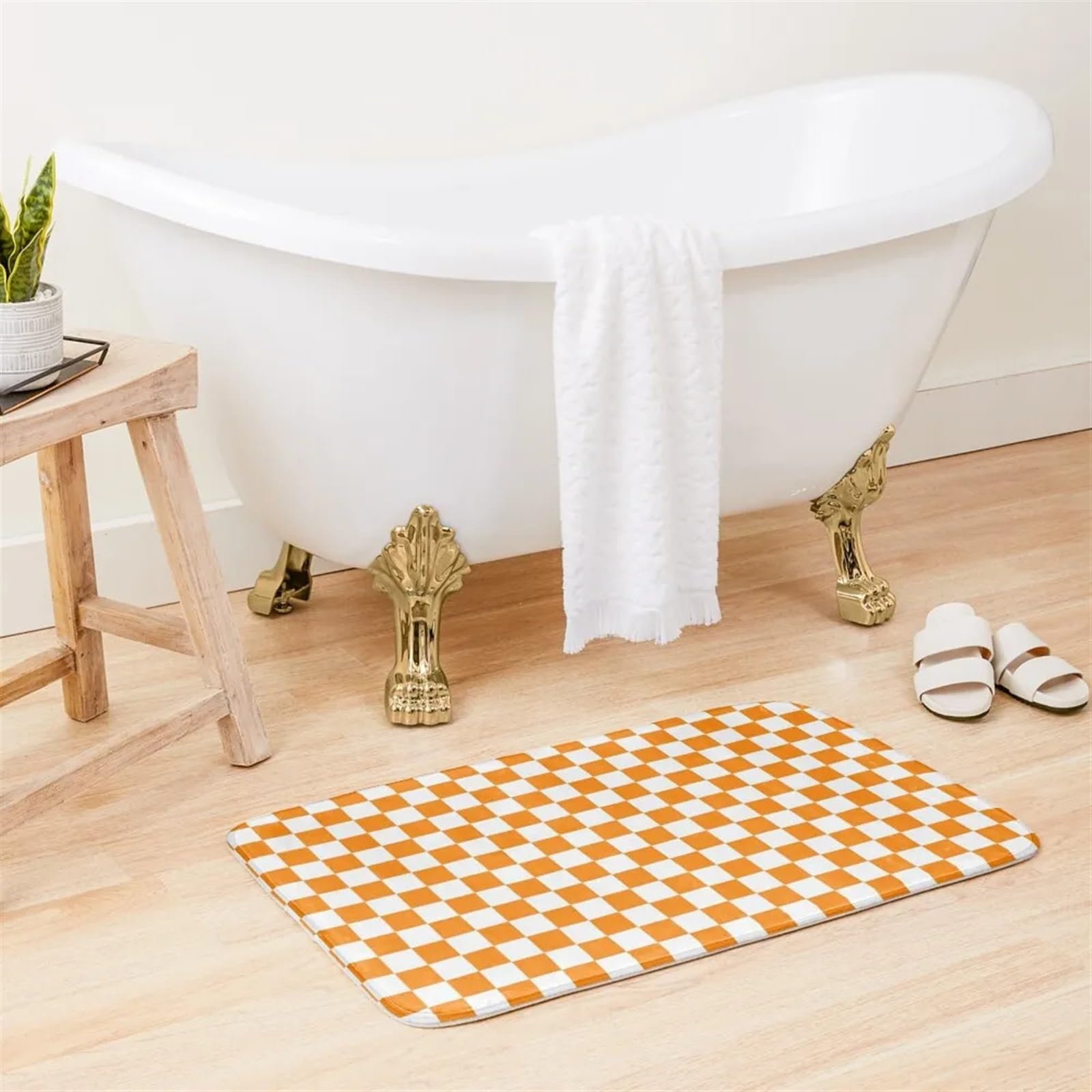 Tapis de bain damier orange et blanc 40x60 cm antidérapant pour douche