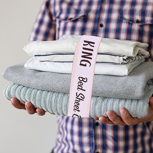 Miniatura 5 de 8 bandas organizadoras de sábanas de cama, correas elásticas para organización de armario, QueenKingTwinFull (borde rosado-King)