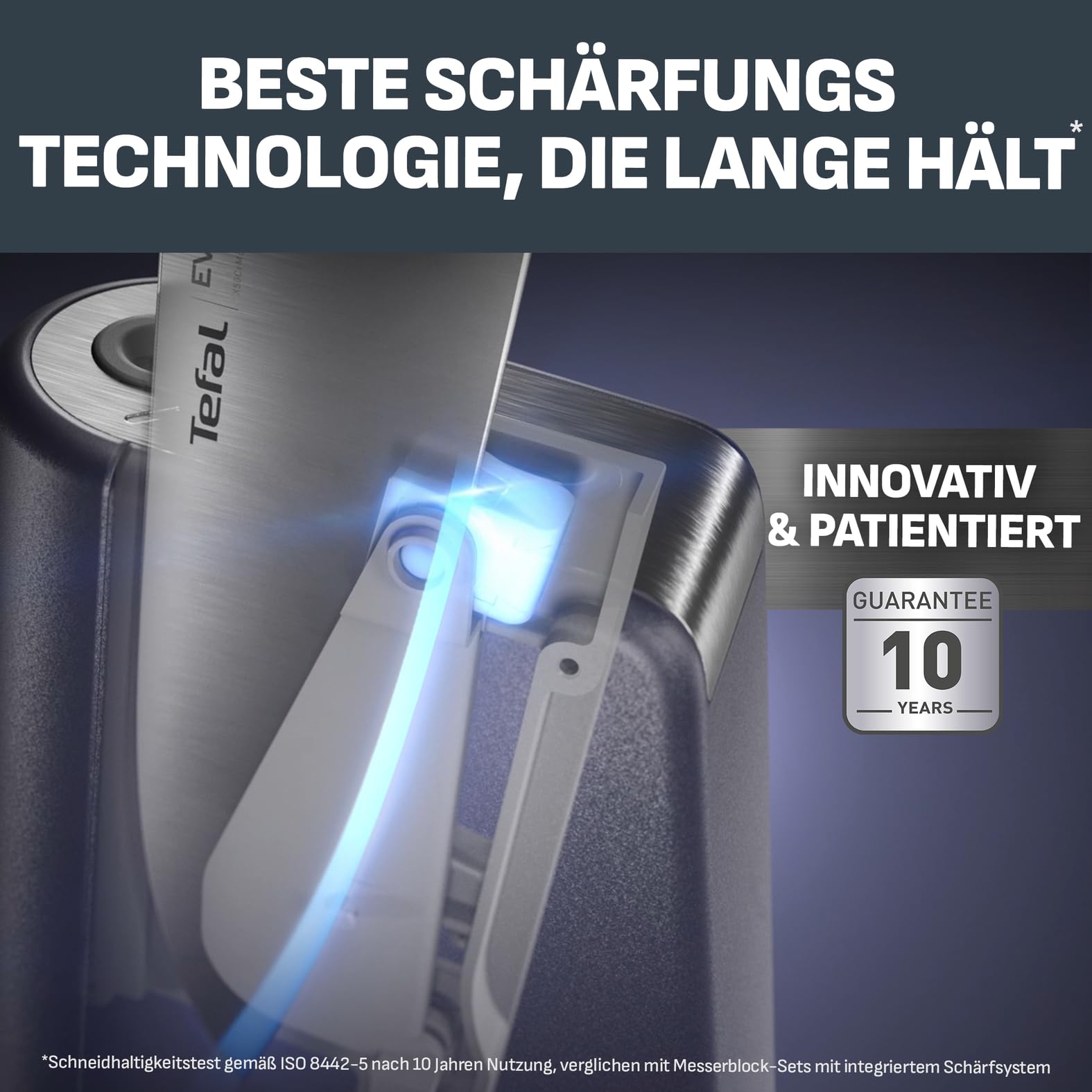 Tefal EverSharp Pro 6-teiliger Messerblock, patentierte Schärftechnologie, selbstschärfend, Verriegelungssystem, deutscher rostfreier Edelstahl, für Gemüse, Fleisch & Brot, Blau, K297S744