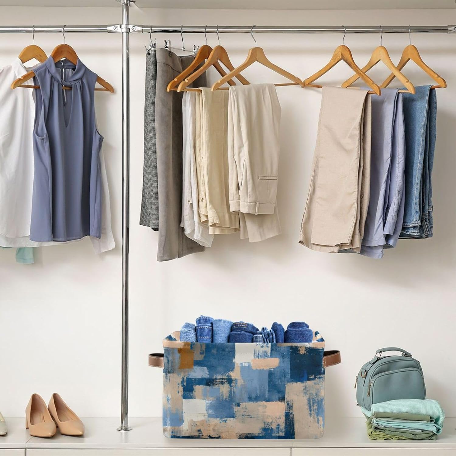 OTVEE Canvas Bins for Closet Shelves Organizing Blue and Beige Abstract Art Storage Basket Baby Clothes Organizers Storage Box Nursery Bins Gift Baskets 2 Pack