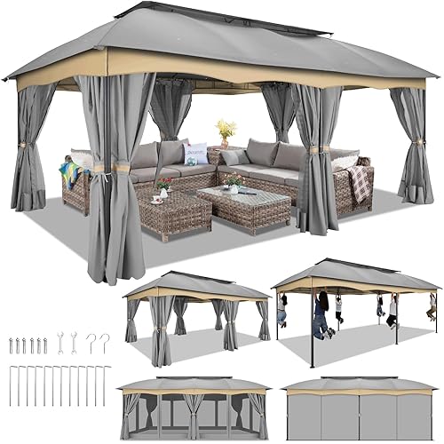 HOTEEL 12x20FT Outdoor Gazebo para Patio on Clearance with Curtains and Netting, Waterproof Canopy Tent with Heavy Duty Steel Frame, High Wind-Resistant Shelter for Backyard, Deck & Garden (Large)