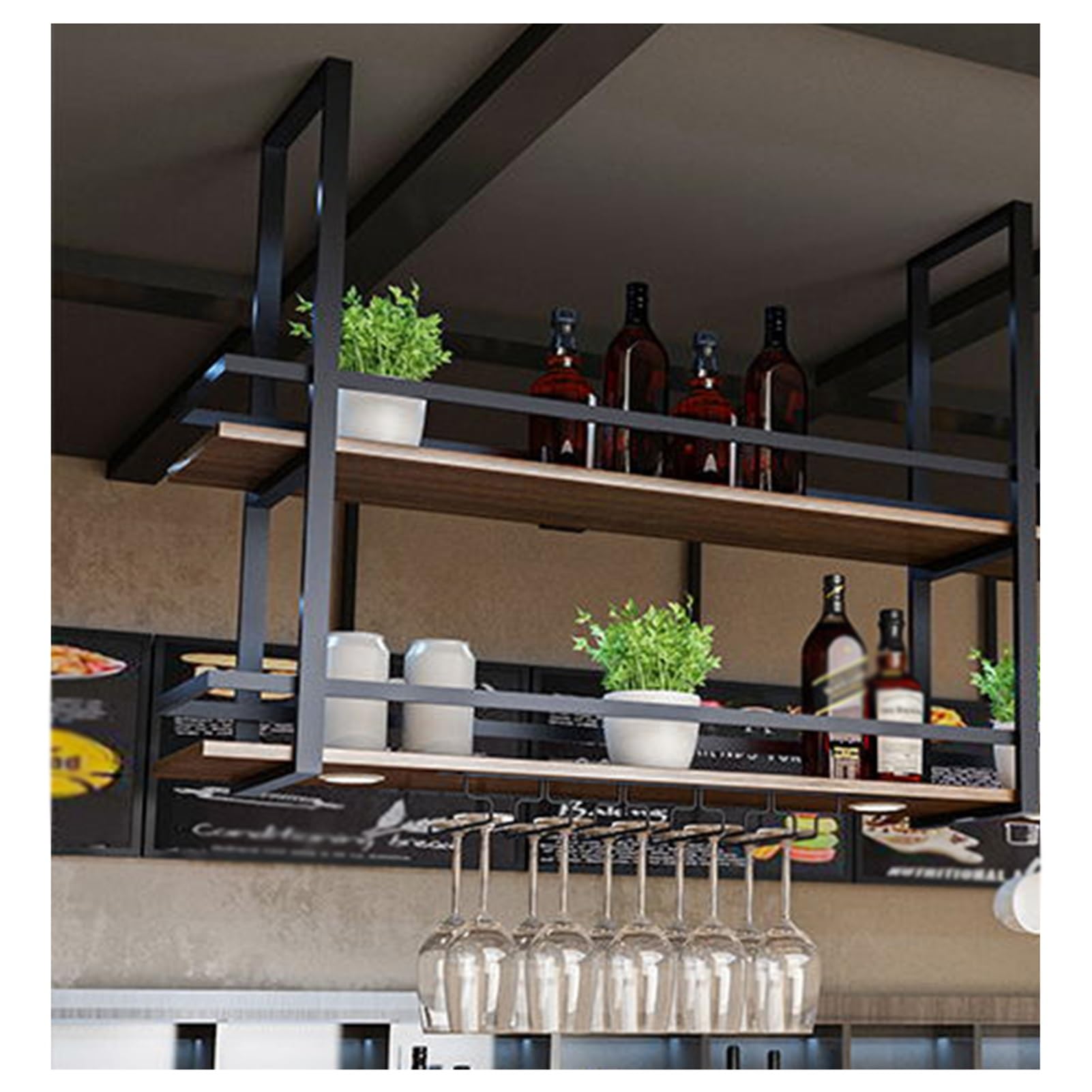 Étagère à verres à vin suspendue en métal noir à 2 niveaux pour l'organisation des verres