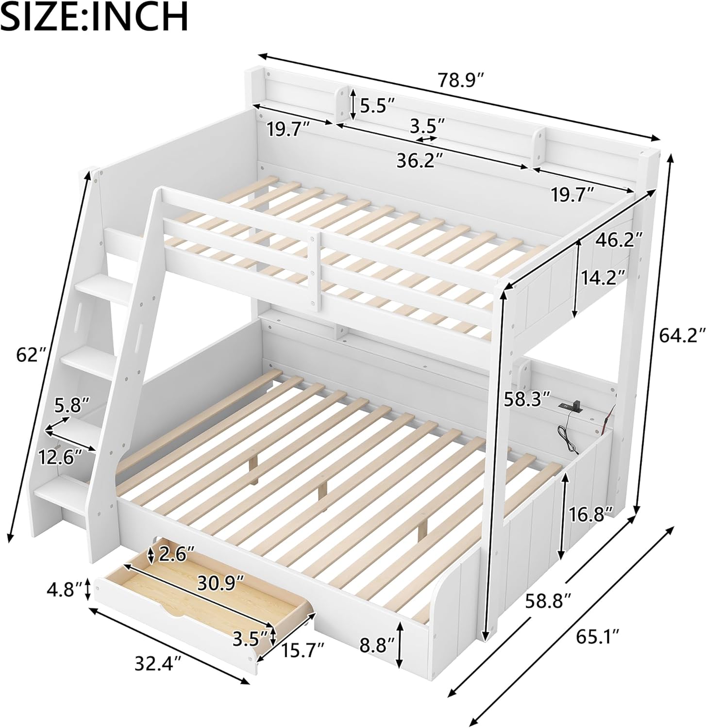 LZ LEISURE ZONE Twin Over Full Bunk Bed, Wood Bunk Bed with Shelves, LED, Charging Station and a Drawer, White