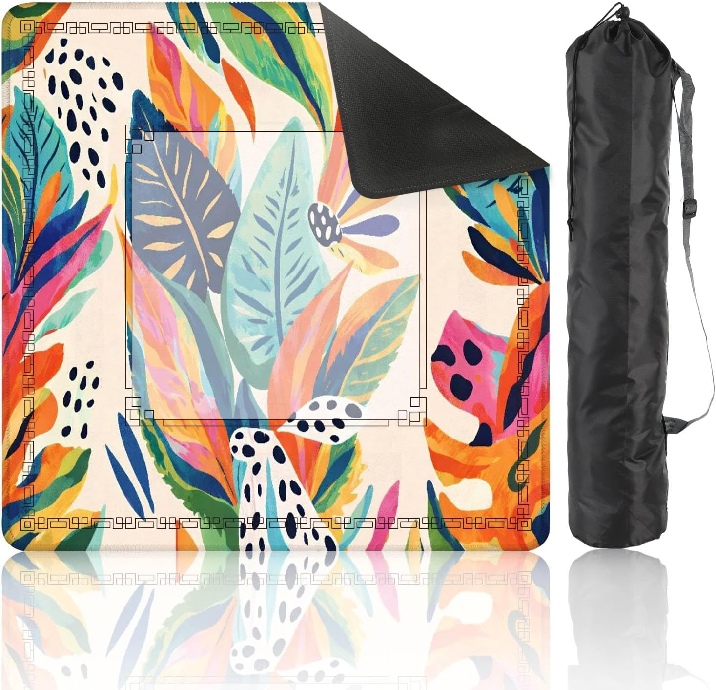 Mahjong Mat 31.5" x 31.5" Modern Exotic Floral Jungle Collage Contemporary Seamless Hand Drawn Non-Slip Noise Reduction Table Cover for Mahjong Dominoes Poker Card Board and Tile Games