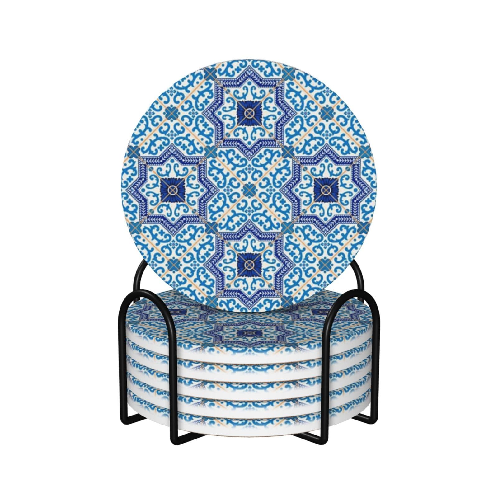 Yxdvpalne As Picture Moroccan Portuguese Style Classic Tiles,Round Ceramic Coasters, Mugs Pad, Cups Mat Set Of 6 Drinks Coasters With Holder