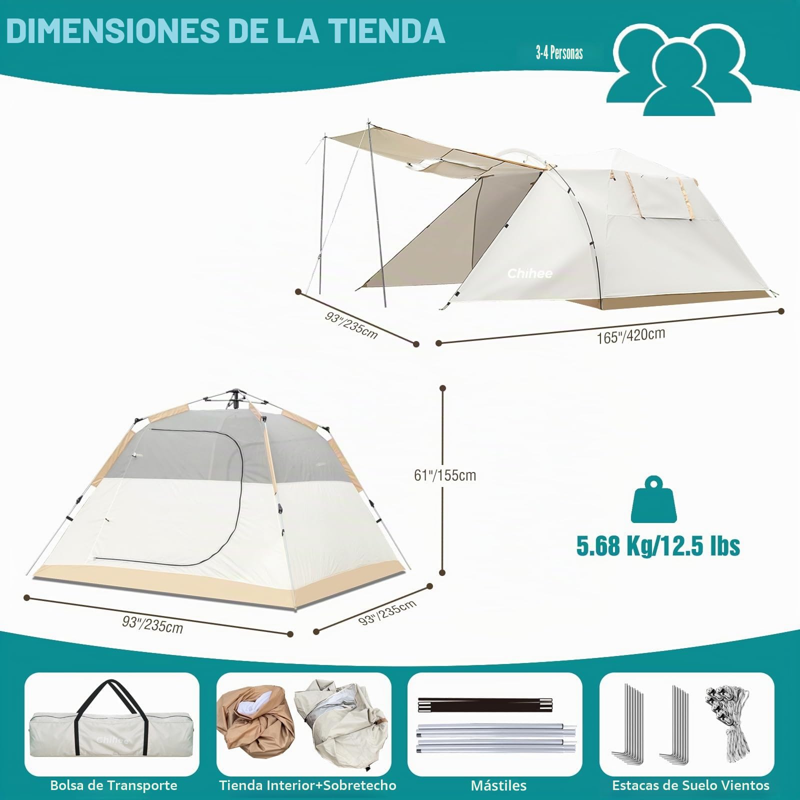 Chihee Tiendas de Camping Carpa Pop-Up Portátil,Carpa Familiar 2 Puertas Montaje Instantáneo Tienda Grande Resistente a la Intemperie Tienda 4 Estaciones con Toldo Incluye Bolsa de Transporte Rainfly