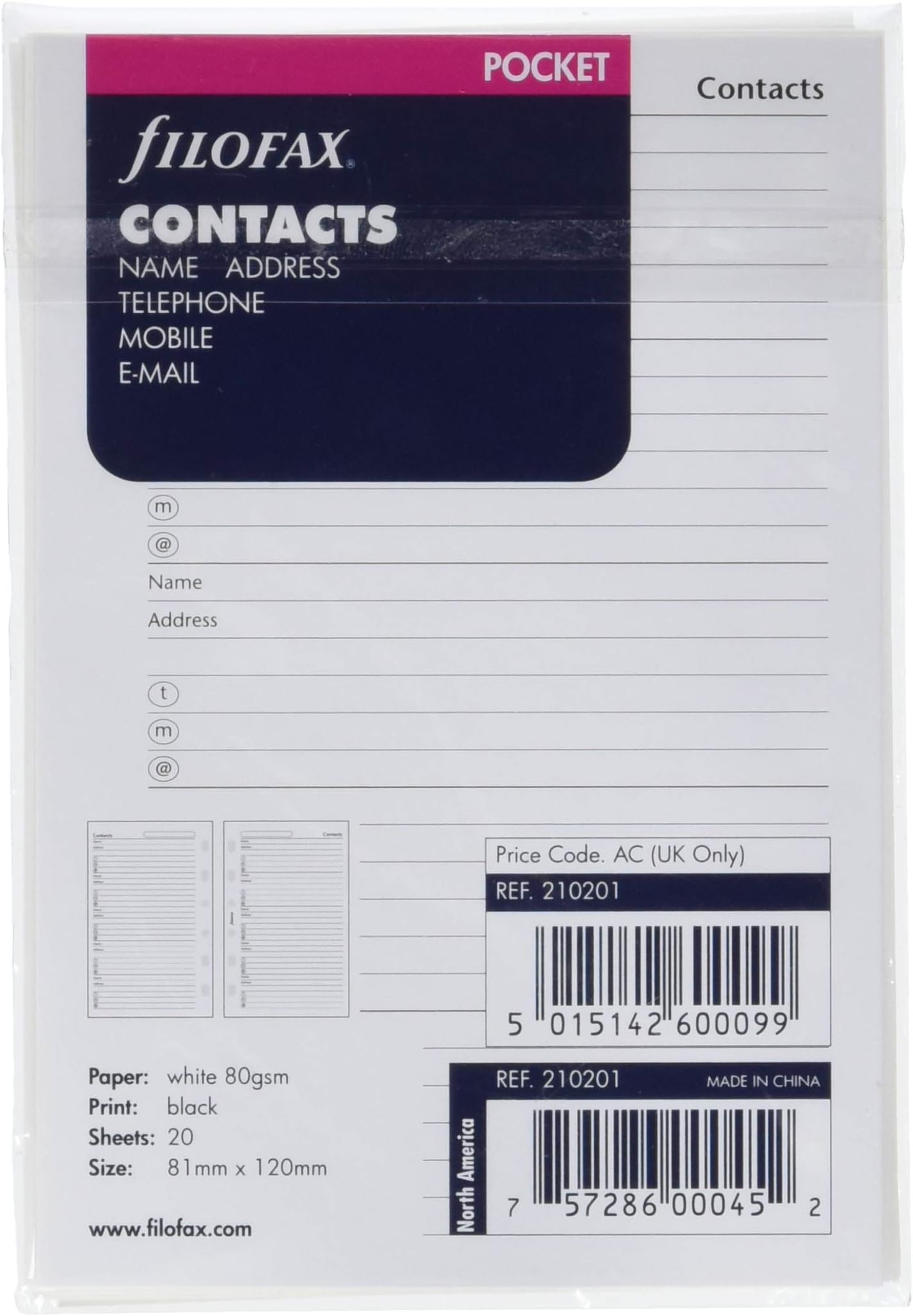 Filofax Pocket for Name, address,telephone,mobile,e-mail