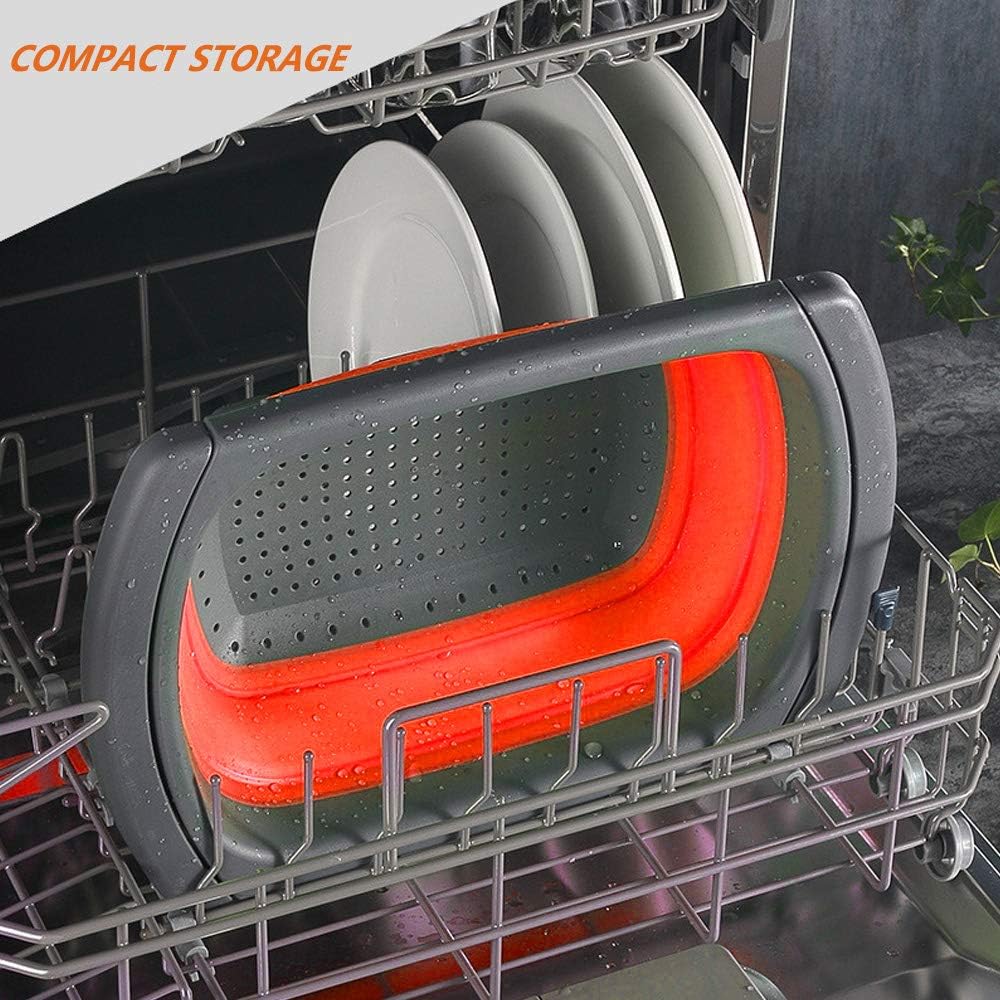 Kitchen Collapsible Colander【2021 New Version】Colander Strainer Over The Sink Vegetable/Fruit Colanders Strainers With Extendable Handles, Folding Strainer for Kitchen (red and gray)