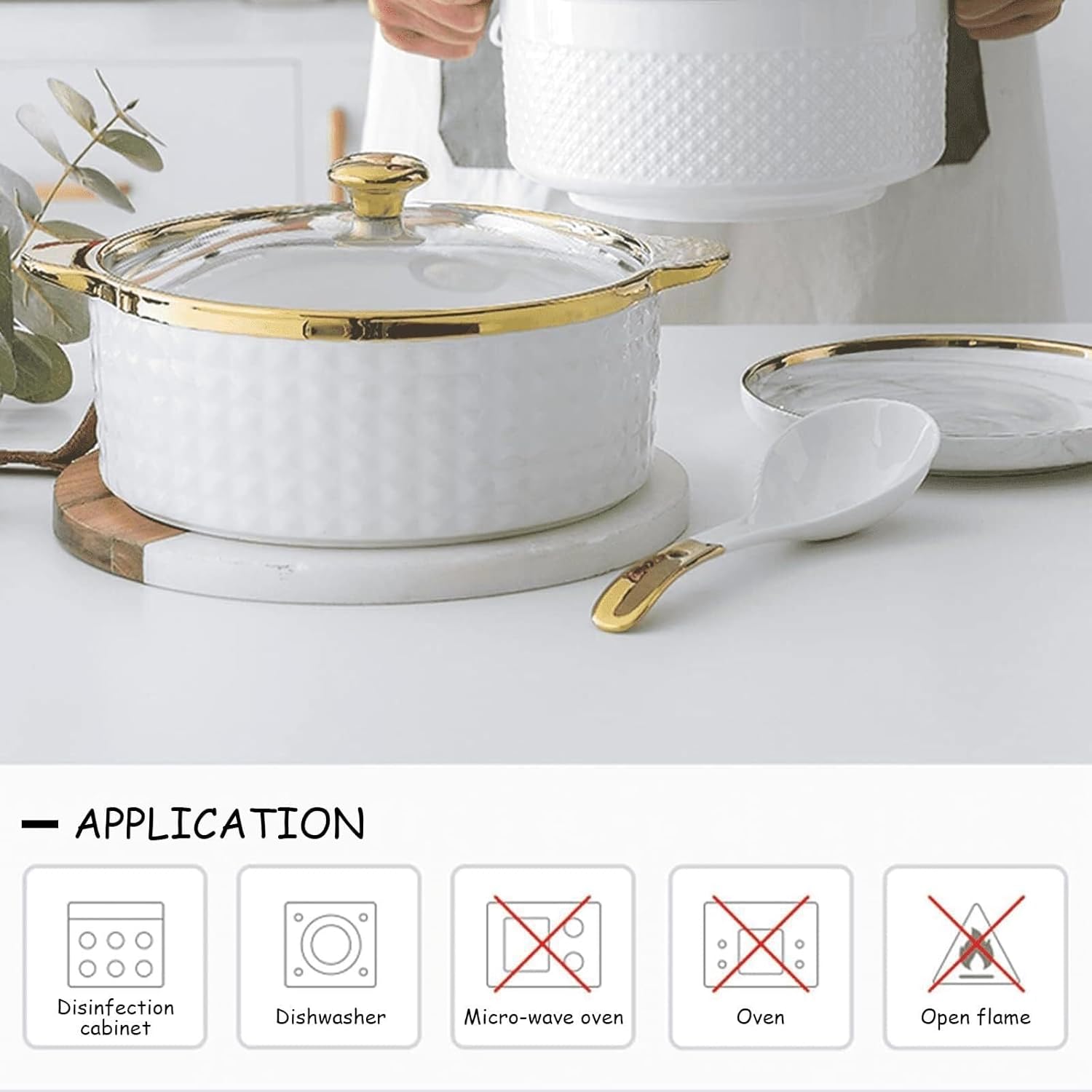 Soup Tureen with Glass Lid and Spoon, Large Capacity Ceramic Serving Soup Bowl, Gold Trim Porcelain Serving Soup Bowls with Lid White Round Bowl for Home Kitchen Restaurant Decoration