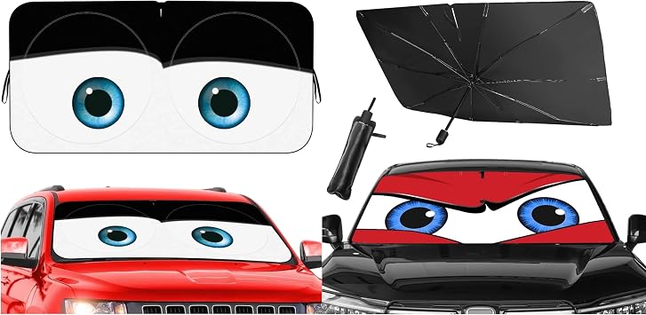2-Pack Car Windshield Sun Shade Set Foldable Umbrella Sunshade & Funny Eyes Sun Visor, UV Protection Heat Block for Cars, SUVs, Trucks