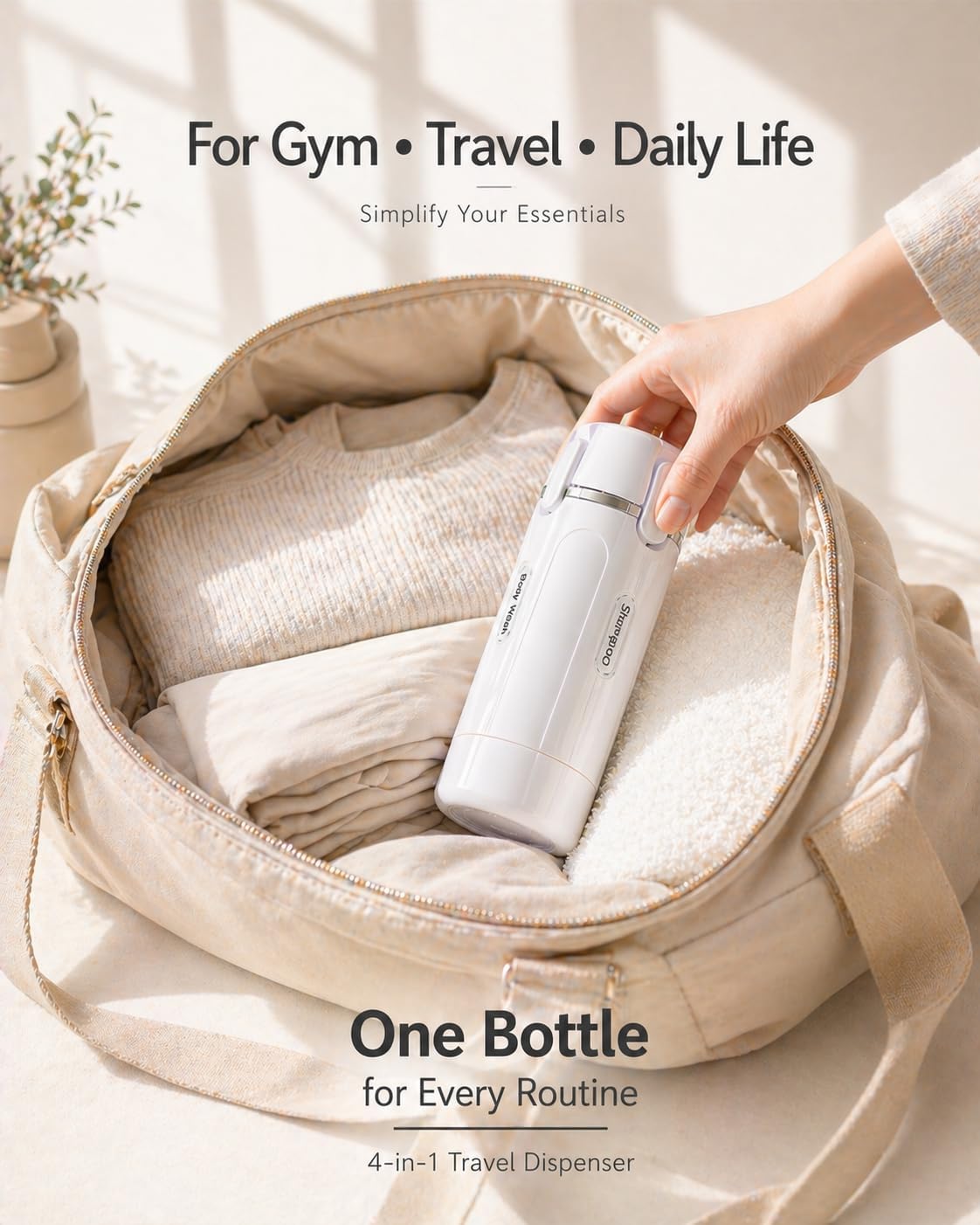 4 in 1 Travel Dispenser Bottle, TSA Approved Leak Proof Refillable Toiletry Containers for Shampoo, Conditioner, Lotion & Skincare – Easy Clean Travel Bottles for Gym, Business