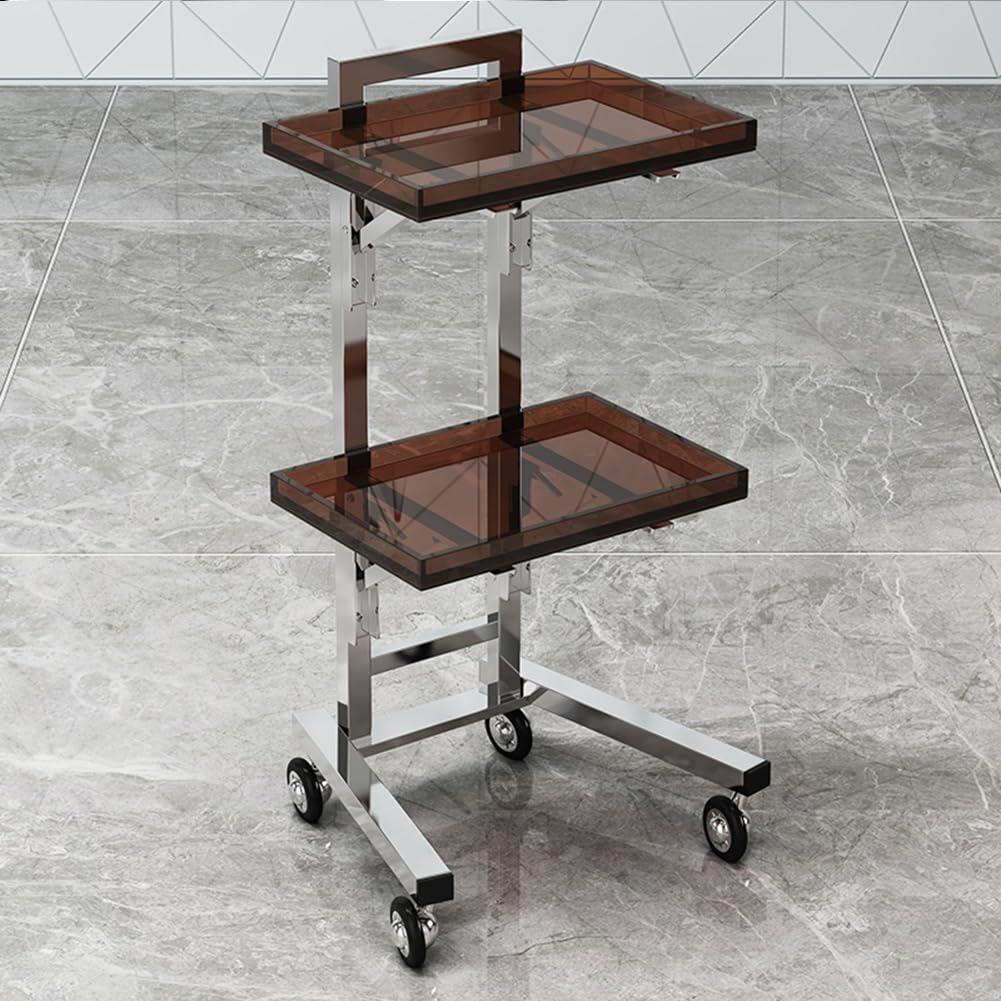 Chariot de salon en acrylique marron pliable à 2 plateaux