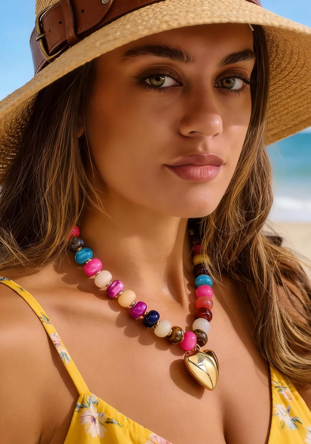 Gold Heart Pendant Necklaces for Women Colorful Acrylic Resin Beaded Choker Necklace Fashion Chunky Statement Beaded Heart Necklace - Image 4