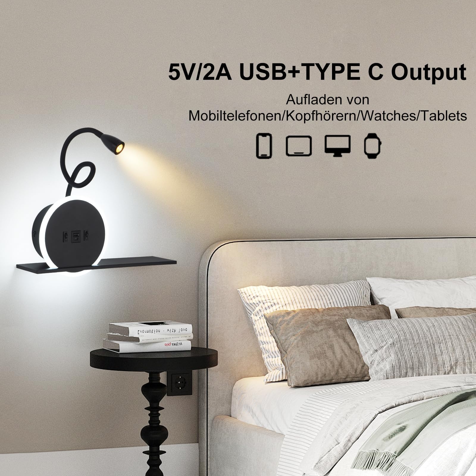SANSHI Leselampe 2 Stück,Schwenkbar Nachttischlampe mit Schalter,Schwarz | wand Leselicht,USB + TYPE C Ladeanschluss Wandleuchte,3W 3000K + 9W 6000K Beleuchtung,Schlafzimmer Hotels Bettlampe
