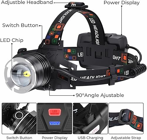 Miniatura 8 de Linterna frontal LED recargable, 99,000 lúmenes (incluye Battery), faros delanteros superbrillantes de larga distancia con 5 modos impermeables,