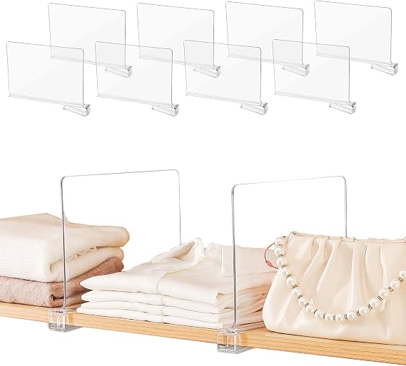 Sclvdi Acrylic Shelf Dividers,8 Pcs Closets Shelf Organizer for Clothing Handbags Books in Pantry, Bedroom and Kitchen, Adjustable Clear Closet Separator Wood Shelves Organize