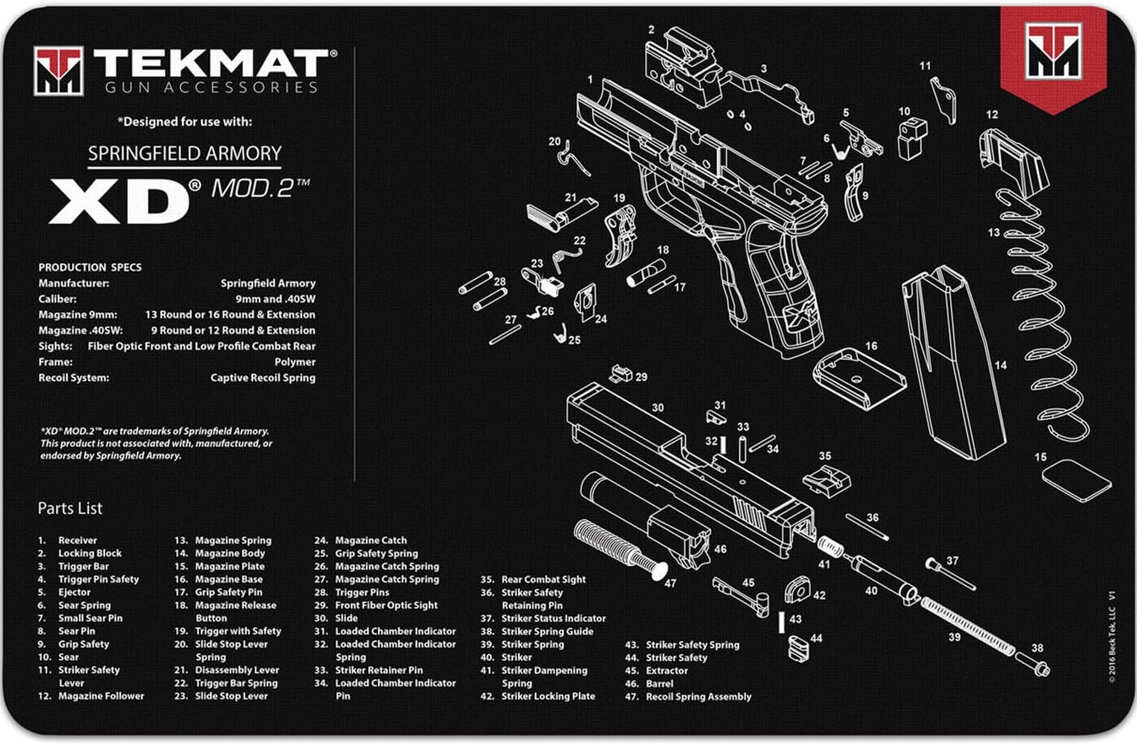 TekMat Original 11" x 17" - 1/8" Thick Oil Resistant Non-Slip Waterproof Scratchproof Washable Handgun Maintenance & Cleaning Mat for use with Springfield Armory