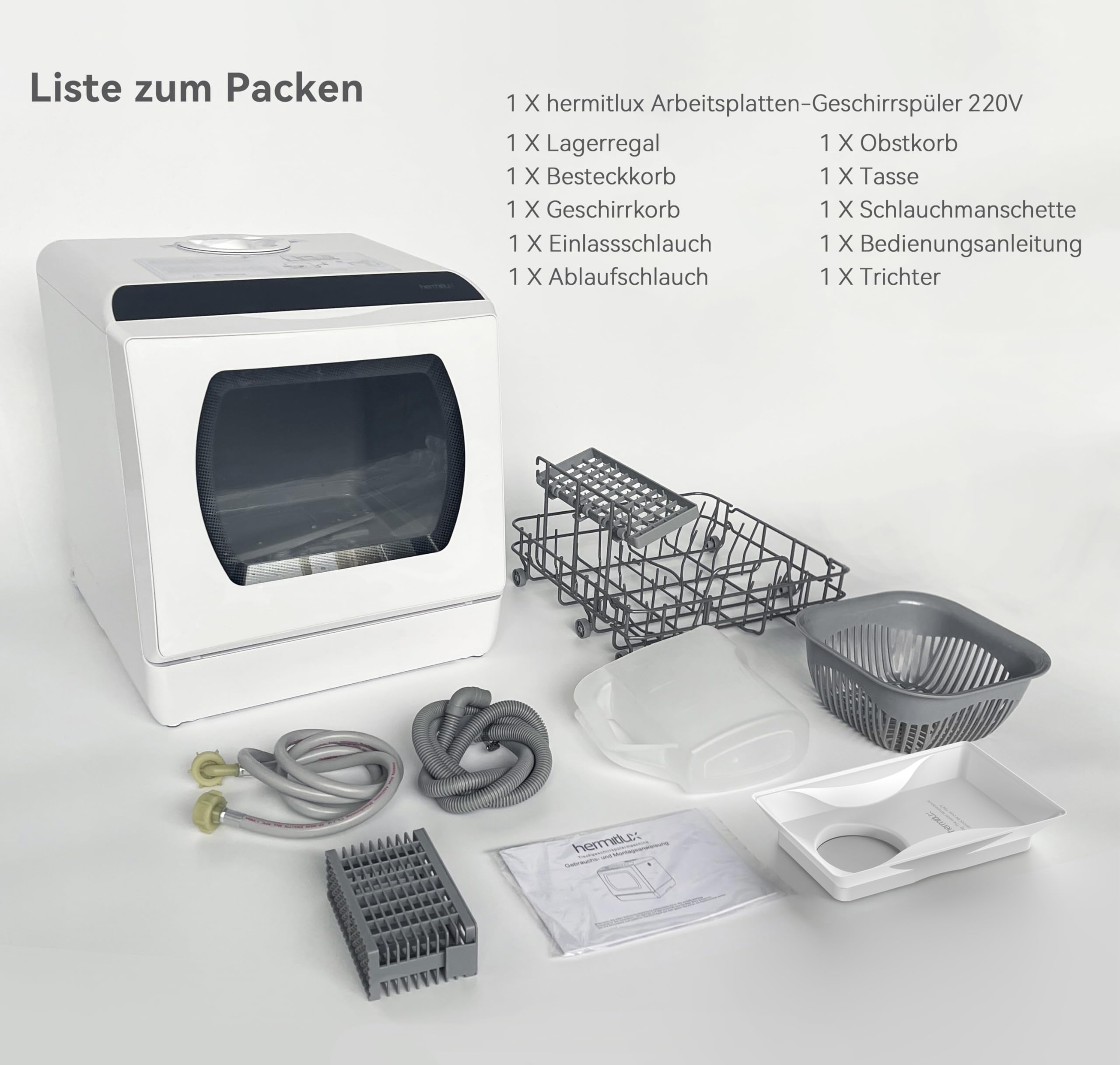 Hermitlux Mini Geschirrspüler, 4 Bestecksätze, 5 Liter Wassertank, 6 Programme, Tischgeschirrspüler, Weiß