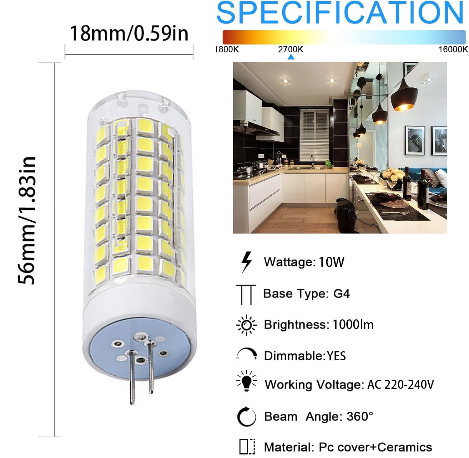 Bombilla LED, Bombilla LED G4 220-240V CA 10W, casquillo T3 tipo JC de dos pines, 1000 lm, paquete 4 for iluminación del hogar, regulable