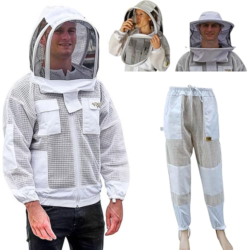 Beekeeping Suit Jacket, Pants/Trousers with 2 Veils Fencing Hood & Round Brim Hat, Ventilated 3 Layer Mesh Costume