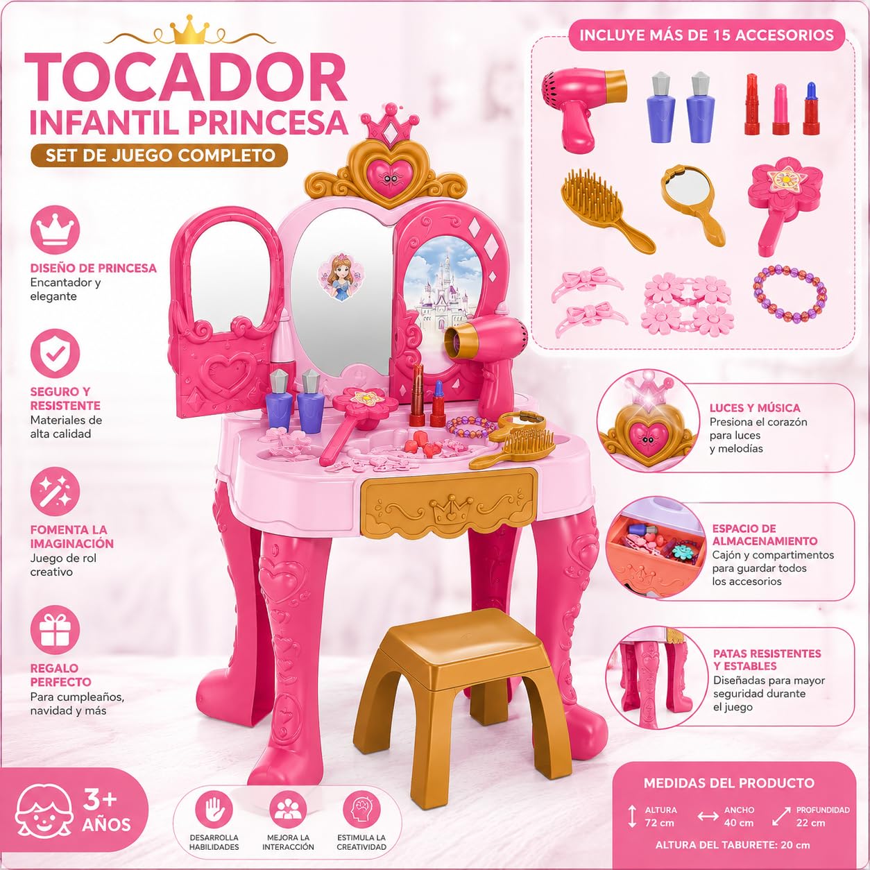 GalPat Baby Tocador Infantil para Niñas con Espejo, Luces y Música – Incluye Taburete, Secador, Varita Mágica y Más de 15 Accesorios – Tocador de Juguete Princesa 3+ Años
