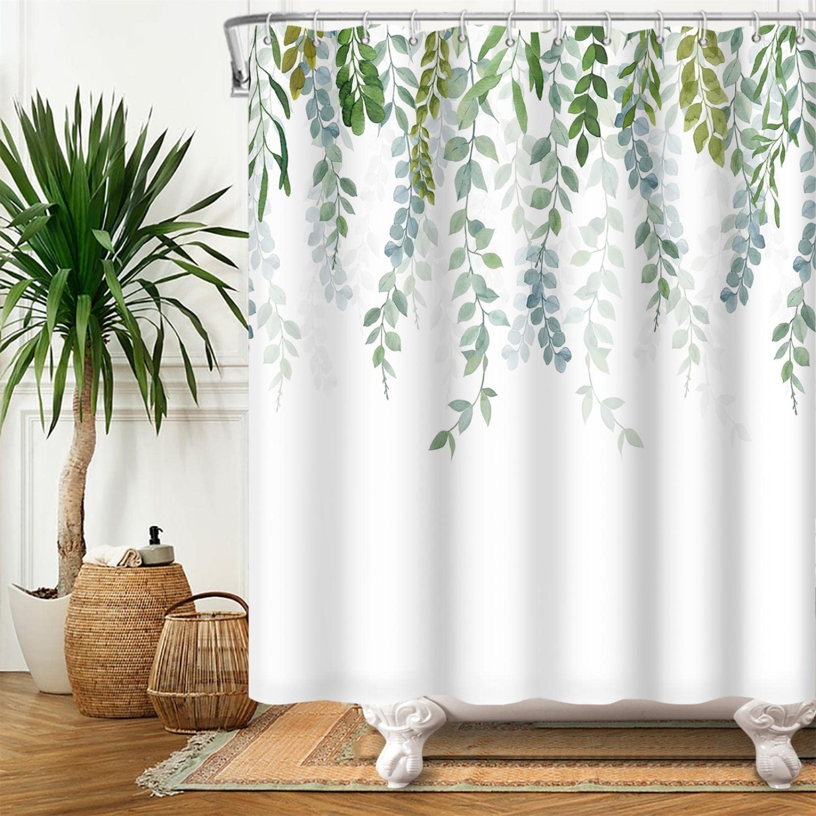 Tenda Doccia Floreale Ad Acquerello Con Foglie Verdi - Tessuto Impermeabile 180x180 Cm, Con 12 Ganci, Decorazione Bagno