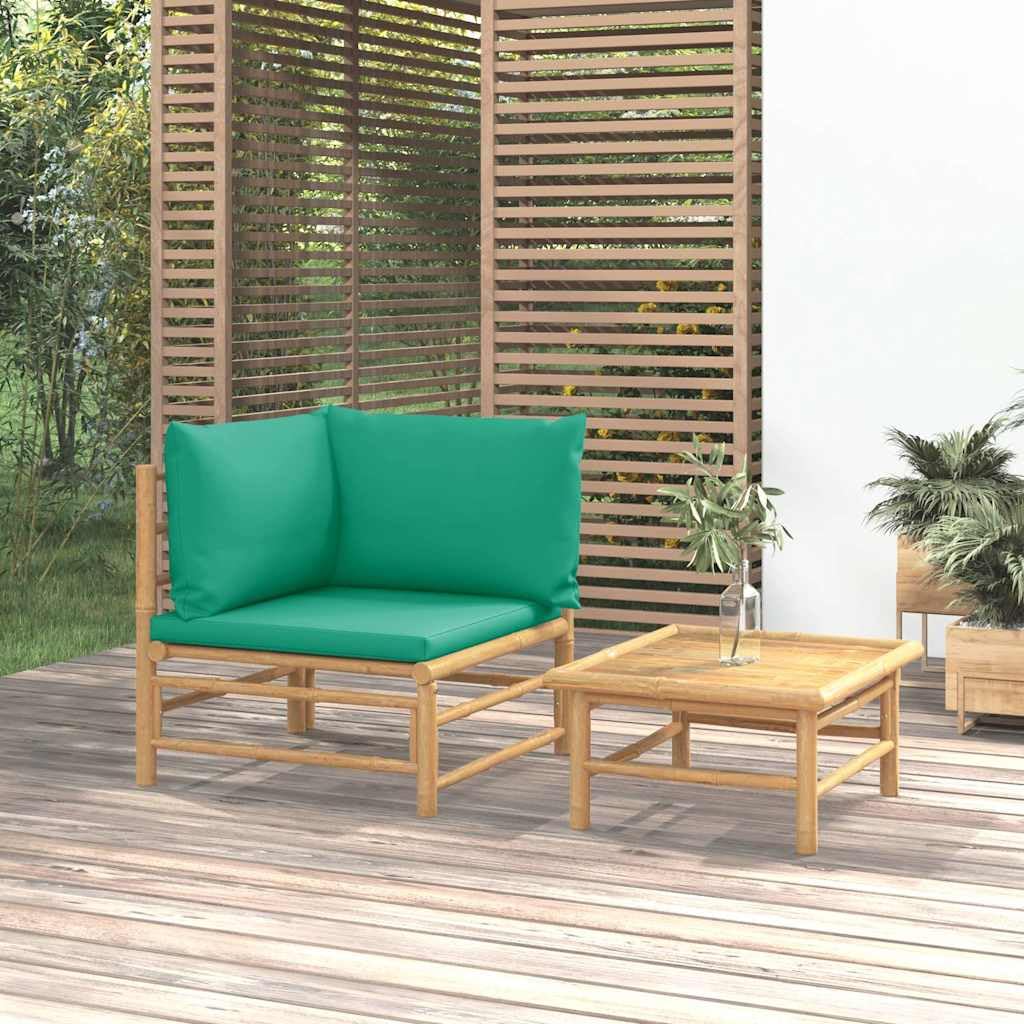 Ensemble Salon de Jardin en Bambou 2 pcs avec Coussins Verts, Table Basse et canapé d Angle modulable pour terrasse Balcon, Assise Confortable et Rangement Pratique