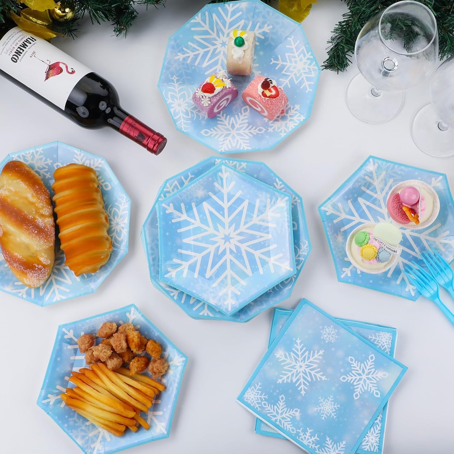 Serves 24 Christmas Snowflake Paper Plates Lunch Napkin Blue Winter Snow Tableware Set Disposable Wonderland Snowflake Dinnerware Forks Plates for Birthday Party Baby Shower Wedding Decor Supplies
