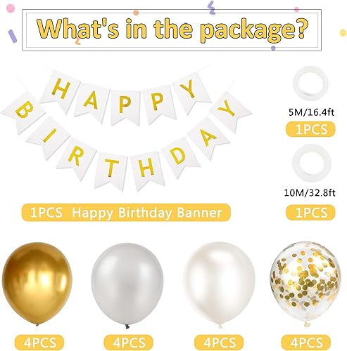 Miniatura 2 de Cartel de feliz cumpleaños, globos blancos y dorados, confeti, globos de látex, pancartas de fiesta para mujeres, hombres y niñas, decoración de