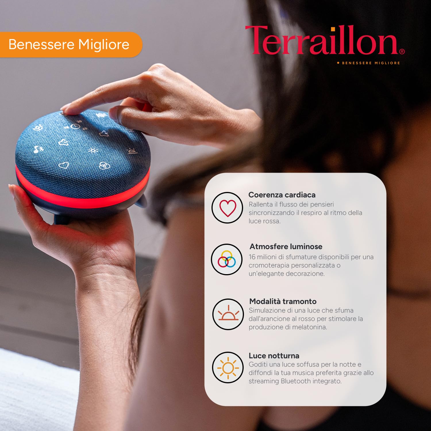 TERRAILLON - ZEN BOX MEDITAZIONE - Assistenza per dormire, Meditazione e Rilassamento, 12 programmi Meditaiton guidata, 12 suoni rilassanti, 2 programmi addormentati, Bluetooth, USB-C