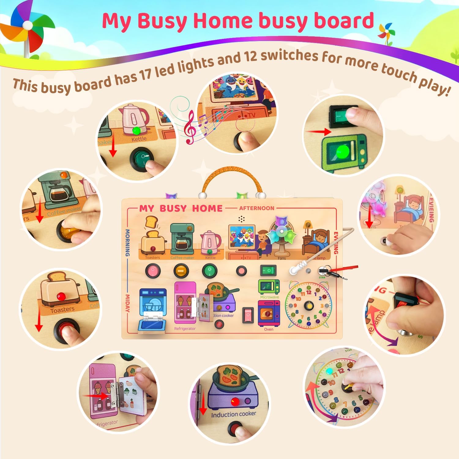 UdoUto My Busy Home Montessori Busy Board for Toddlers 1-3 - Wooden Sensory Activity Board with Kitchen Appliances, Switches, Clock | Educational Fine Motor Skill Toy for 1+ Year Old Boys Girls