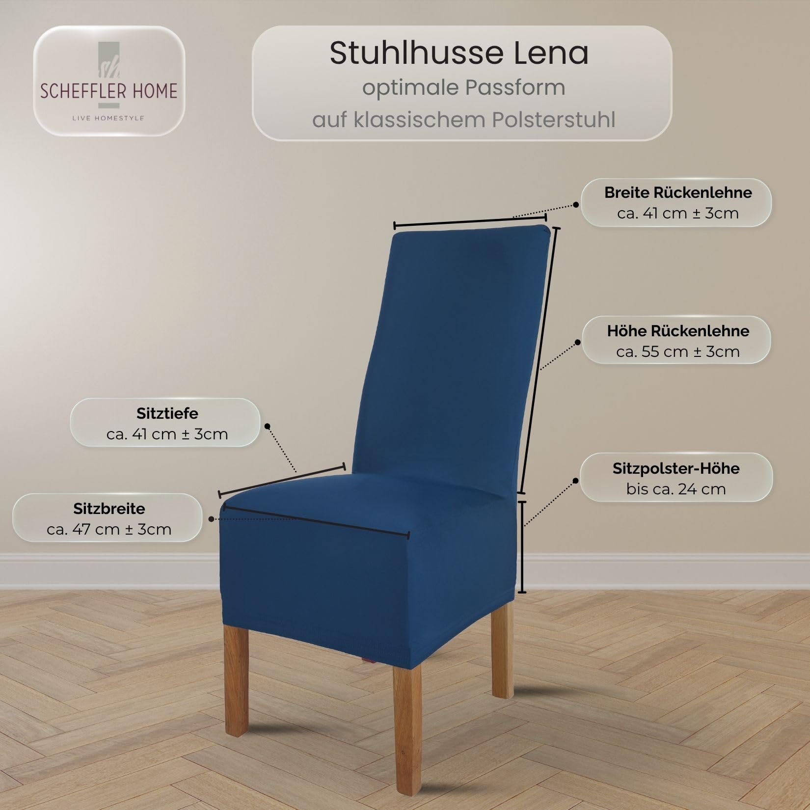 SCHEFFLER-Home Fundas Sillas de Comedor Elásticas Lena – Set de 6 Elegantes Fundas Sillas Ajustables – Fundas para Sillas con Banda Elástica, Azúl