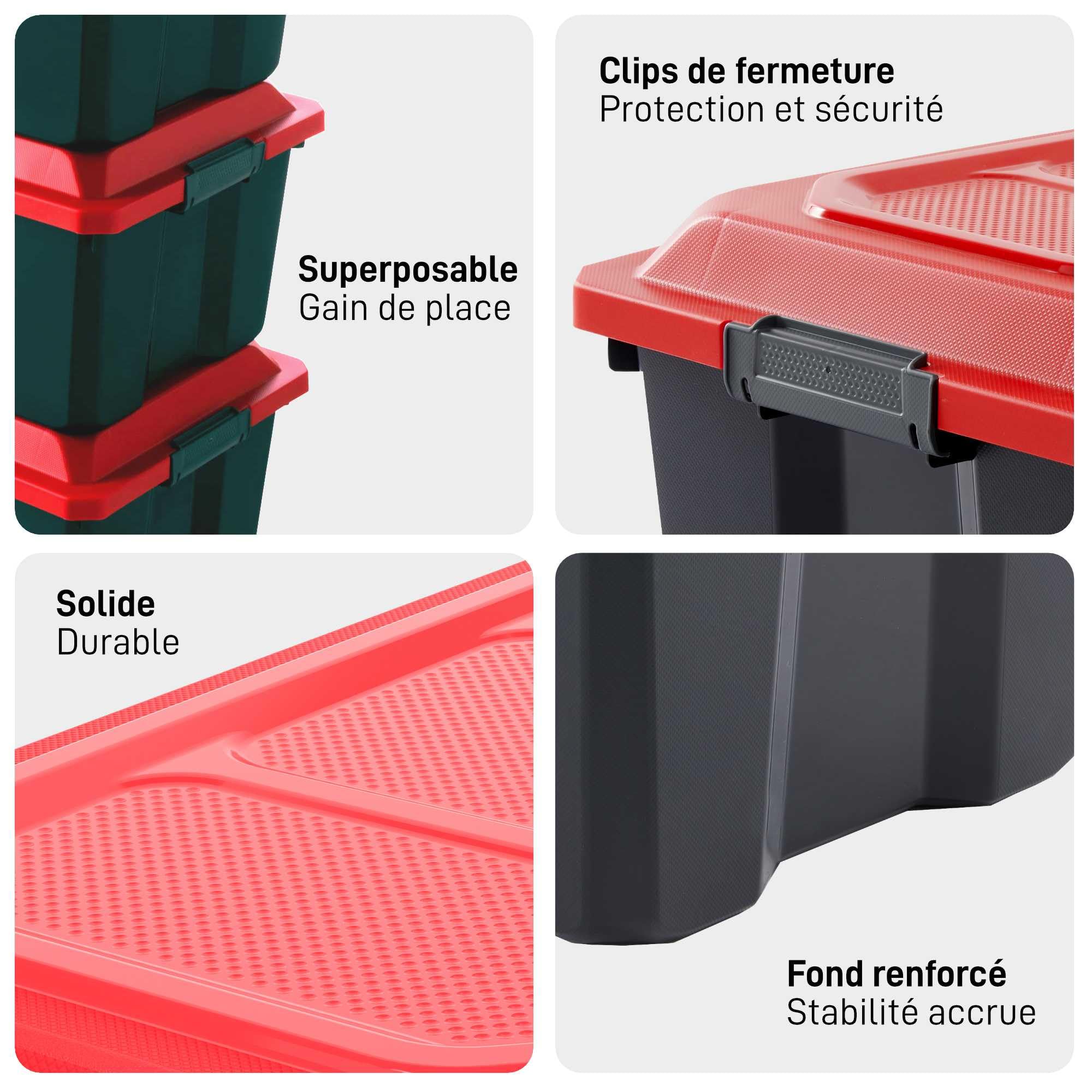 SUNDIS Locker, Set di 3 scatole di plastica da 40 Litri, con Coperchio a Clip, impilabile, Ideale per l'officina, Il Trasporto, Il Garage e Il Fai da Te
