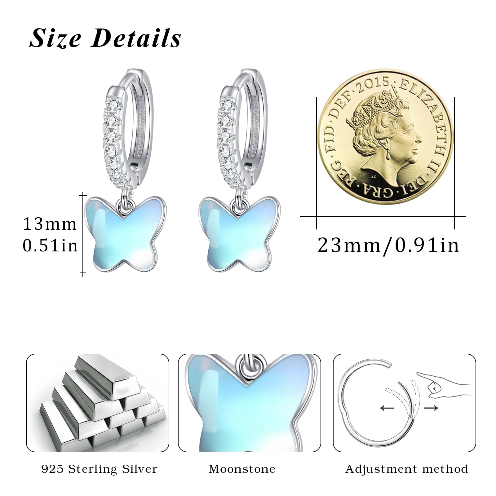 REDSUN S925 - Orecchini a cerchio in argento Sterling con farfalla, per bambine e bambini, colore: blu/rosa/viola/cristallo di opale, con zirconi e farfalla, per donne e bambini, 13 mm, Argento