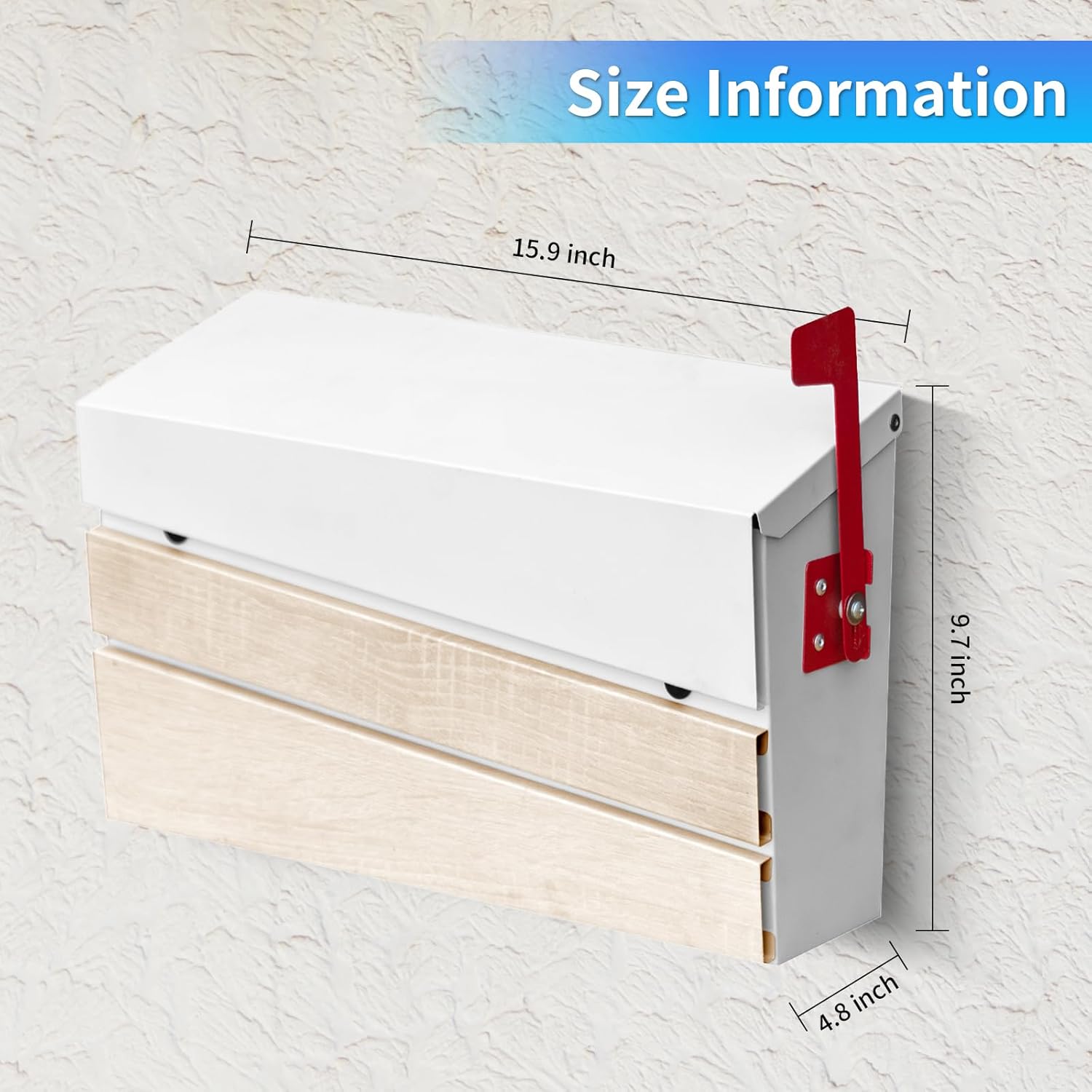 Wall Mount Mailboxes, Modern Mailbox with White Walnut Wood Panel, Large Capacity Galvanized Steel Post Box with Flag (No Keys Locking)