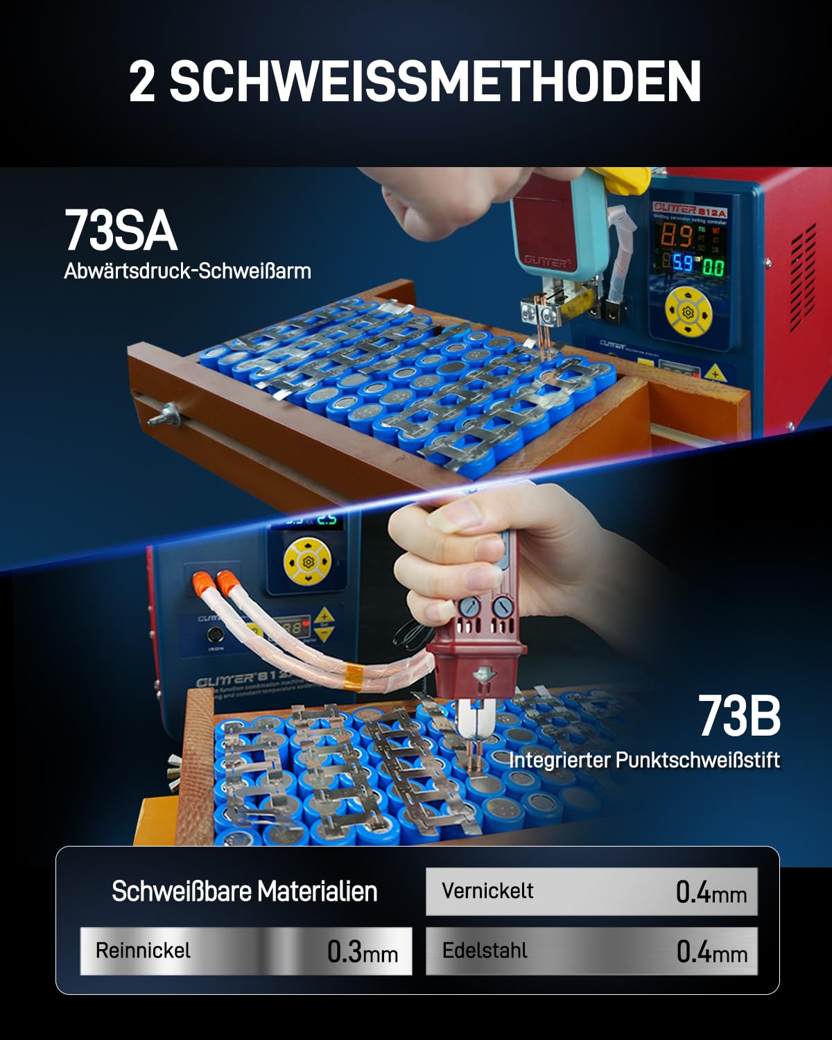 GLITTER 812A 2-in-1 Batterie-Punktschweißgerät und Lötstation, 14500W, 2500A, mit AT/MT-Modus, Schwenkarm und Fußpedal, für LiFePO4 LFP Lithium-Batterien