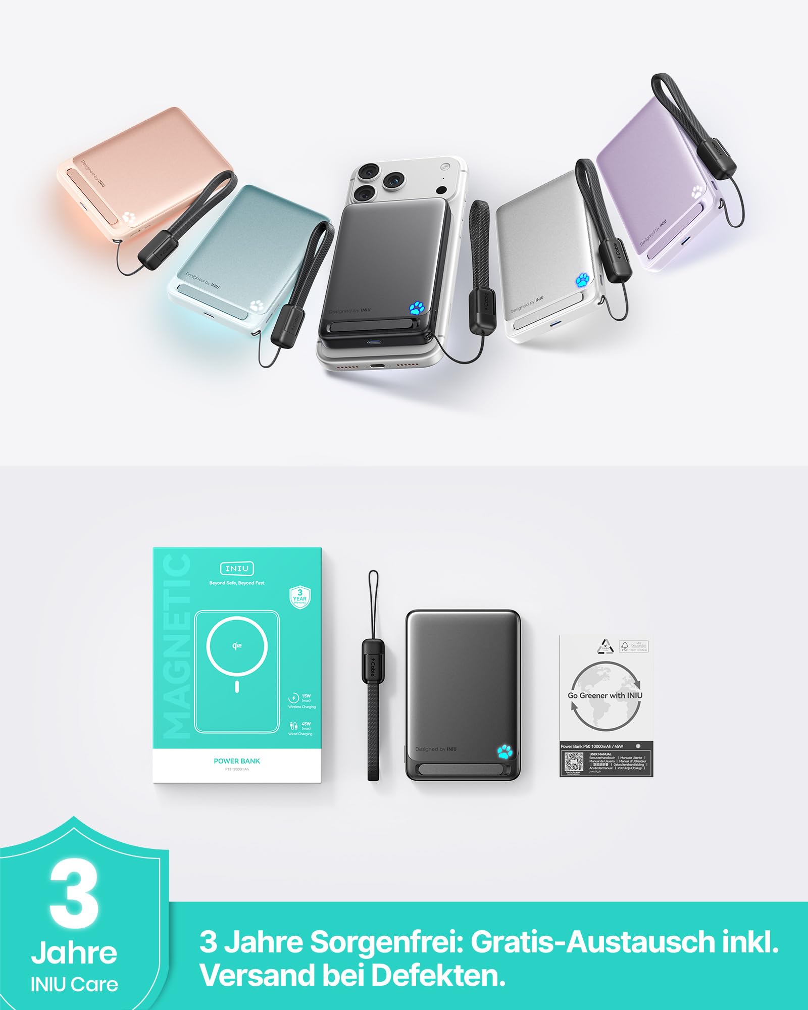 INIU Ultra-schlank 10000mAh Power Bank für MagSafe, Original Qi2-zertif. Wireless Fast Charging für iPhone 17-12 Serie, 45W Externe Akku mit USB C Kabel & Ständer, Reise Essential Magnetische Batterie