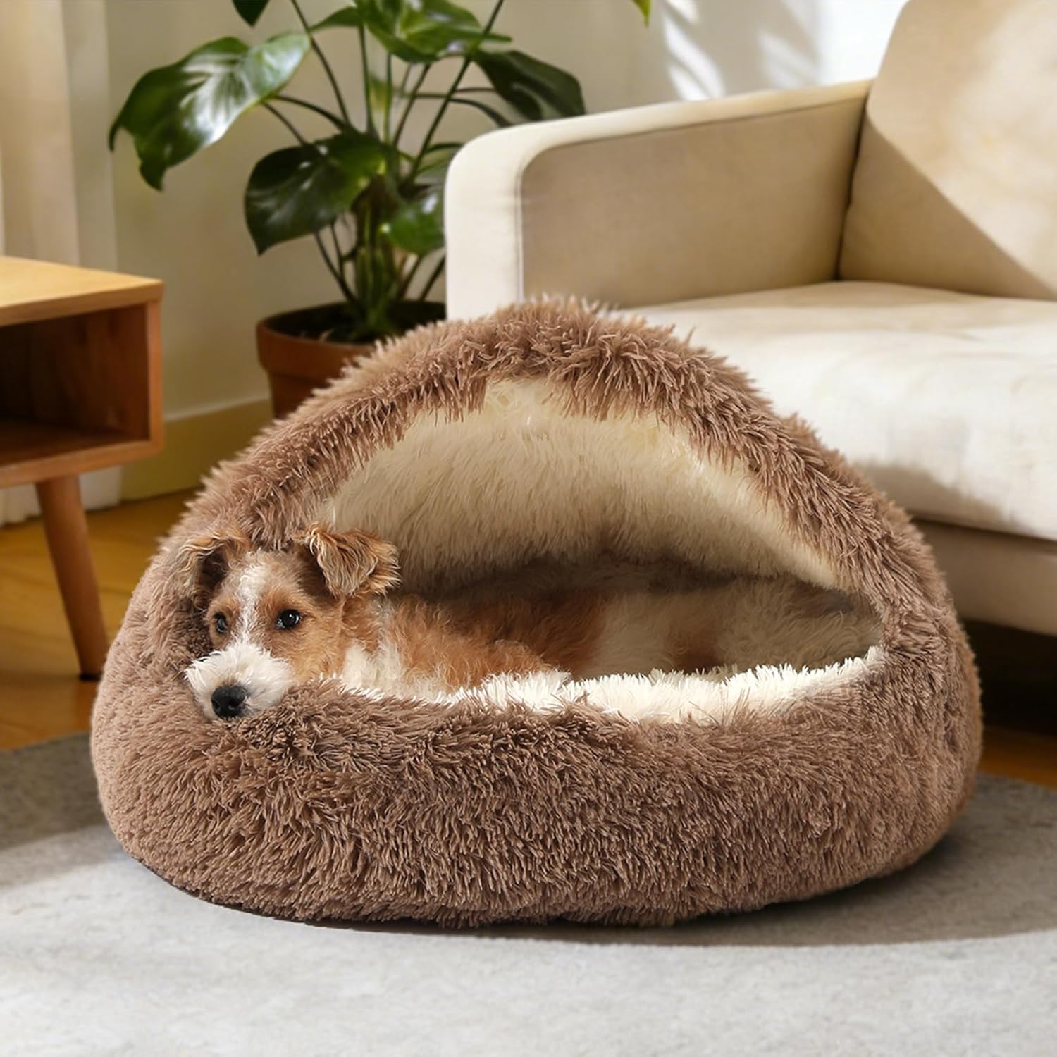 NOYAL Round Hooded Donut Dog Bed for Small & Medium Pets - Plush Fluffy Anti-Anxiety Cat Cave Bed with Cover