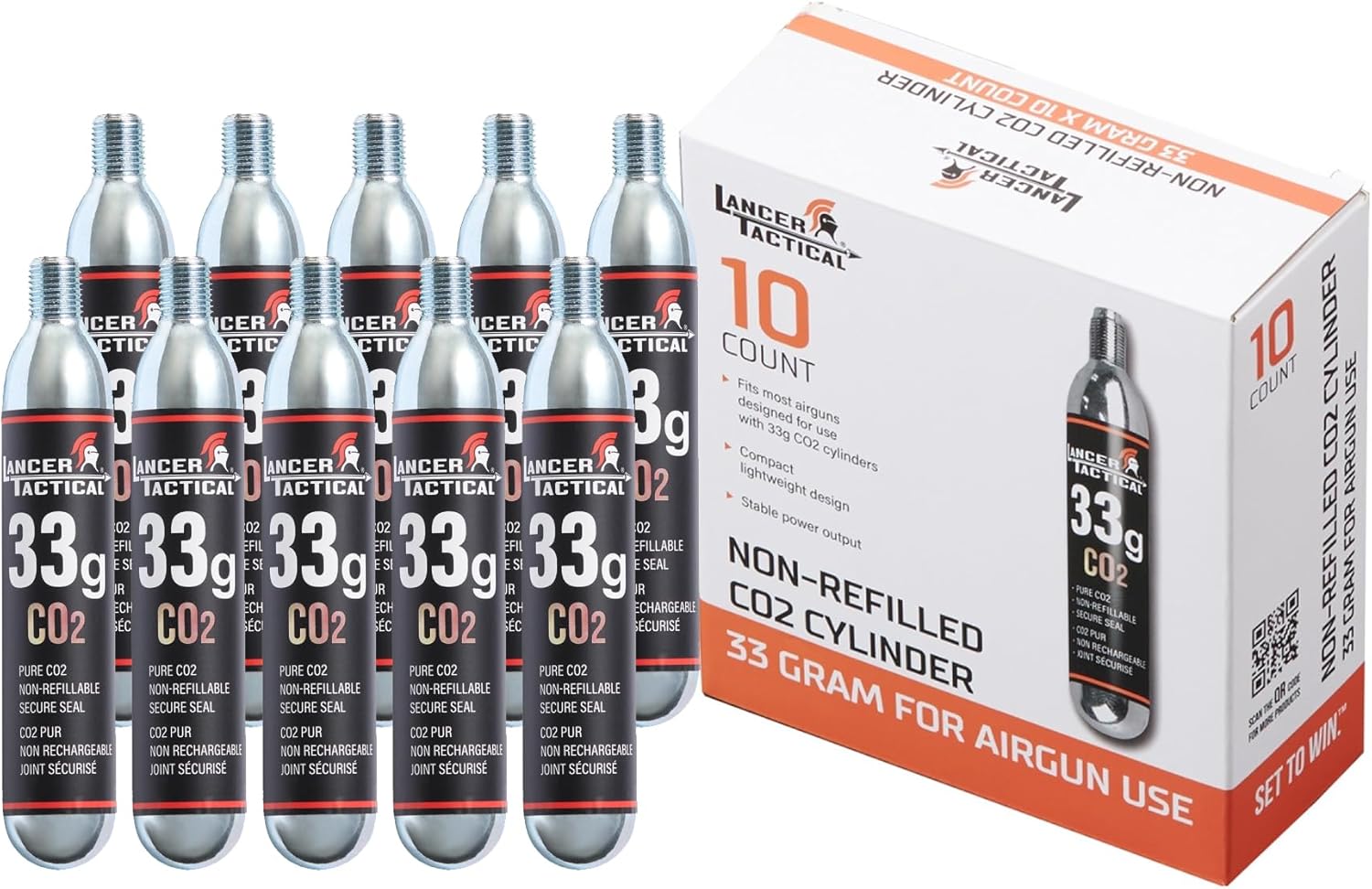 Lancer Tactical 10 Pack of 33g CO2 Cartridges for Airsoft, Airguns, Automatic/Manual Inflatable Life Jacket Lifejacket Life Vest Waist Pack Belt Lifesaving PFD