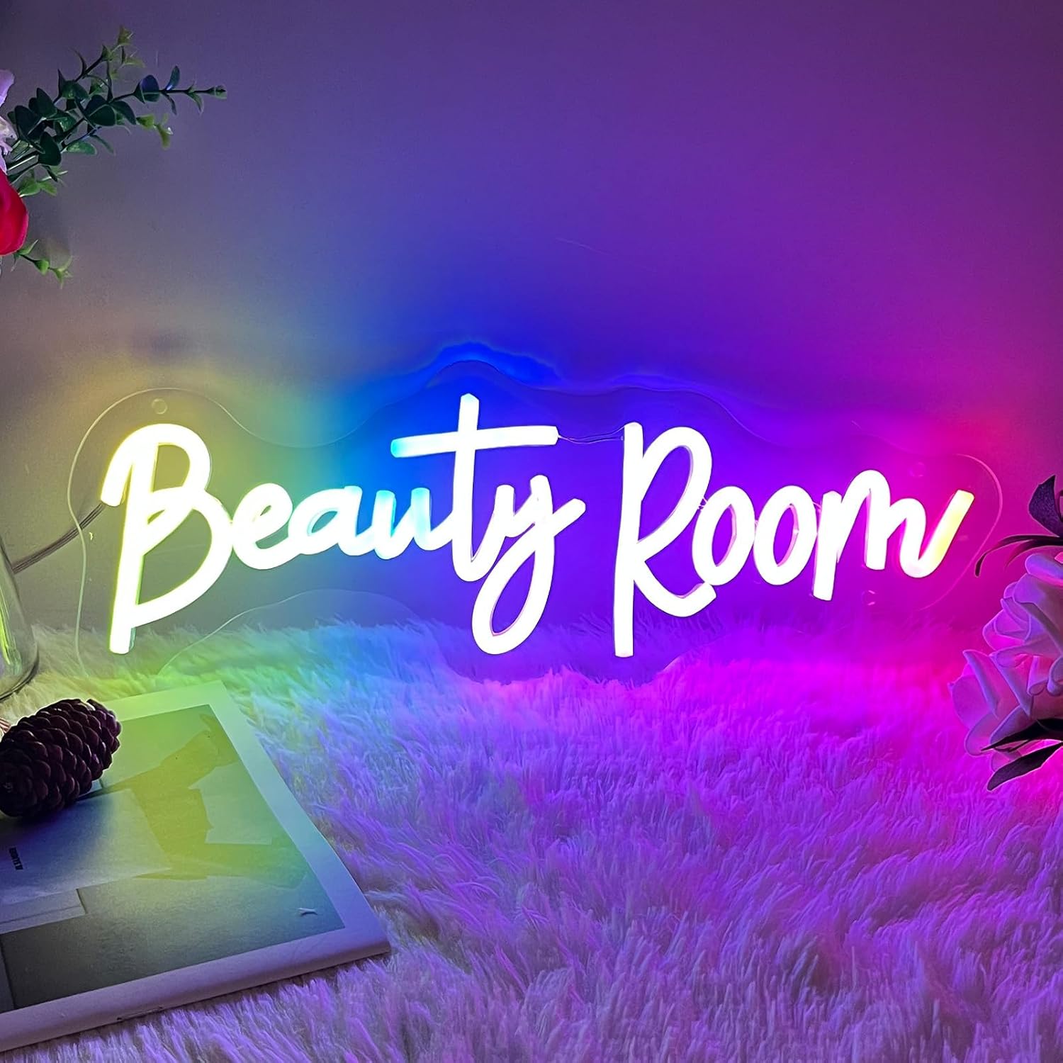 Beauty Colorful Neon Sign For Spa Beauty Room Nail Brows Lashed Salon Studio LED Wall Art Decor For Business Stores Logo Rainbow Sign Custom RGB Dimmable Color Changing Neon Lights 40×14.4CM 40CM A-Beauty Room