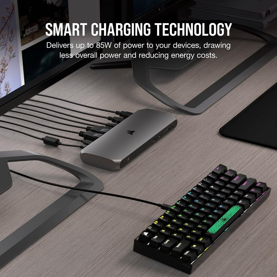 Corsair TBT100 DP Thunderbolt™ 3 Dock with DisplayPort - 2X DisplayPort 1.4 at up to 4K60-2X USB Type-C 10Gbps Ports - 3X USB Type-A 5Gbps Ports