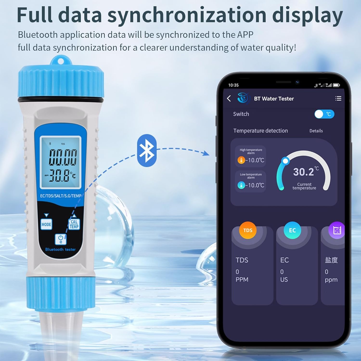 Misuratore EC, Tester Acqua Bluetooth, Misuratore Sale per Piscine | Tester acqua potabile digitale con APP, misura EC, TDS, Salinità, S.G e Temp, Analisi acqua per Acquari marini, Piscine e Spa