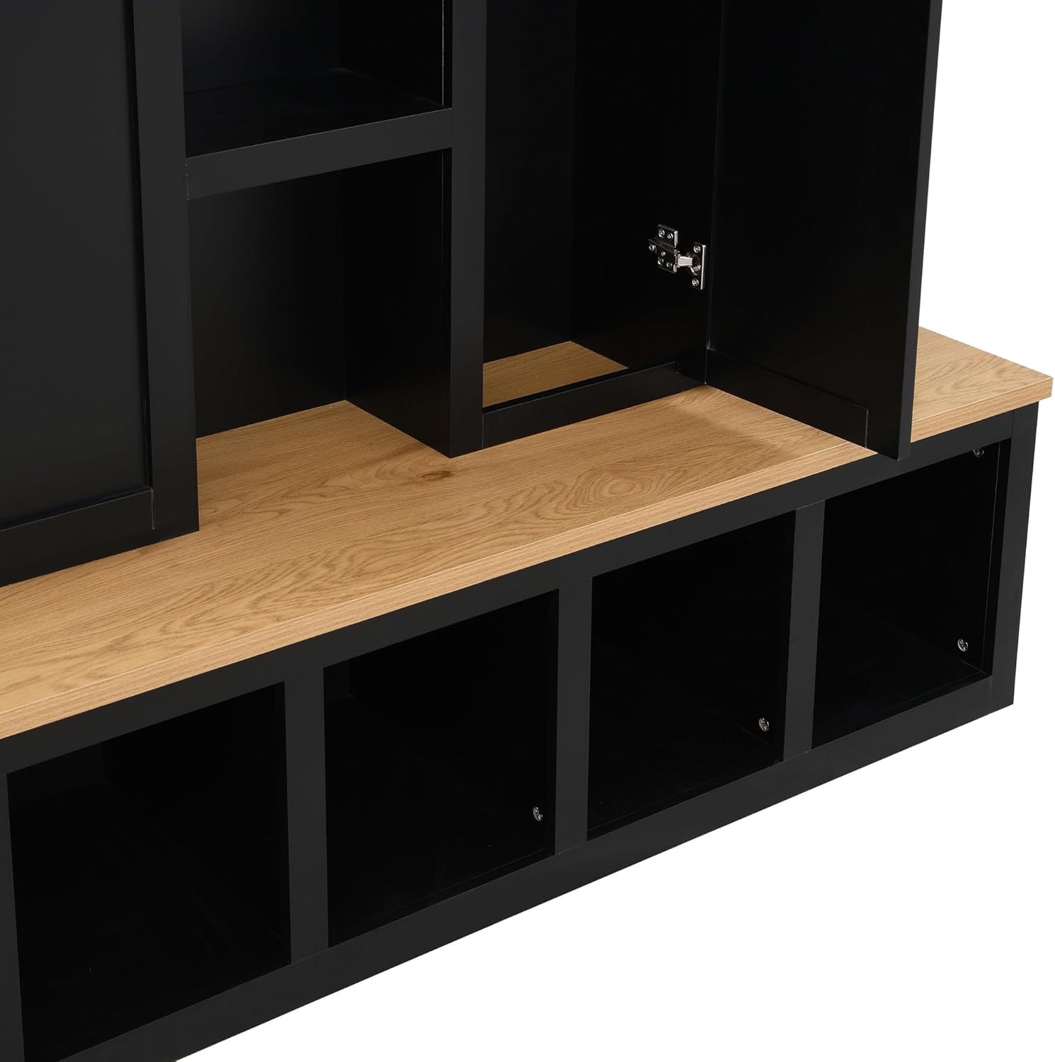 Farmhouse 4-in-1 Hall Tree with 6 Hanging Hooks, Mudroom Wood Grain Bench with Open Compartments, Entryway Shoe Cabinet with Seating Bench for Living Room, Hallway (Black-@QE)