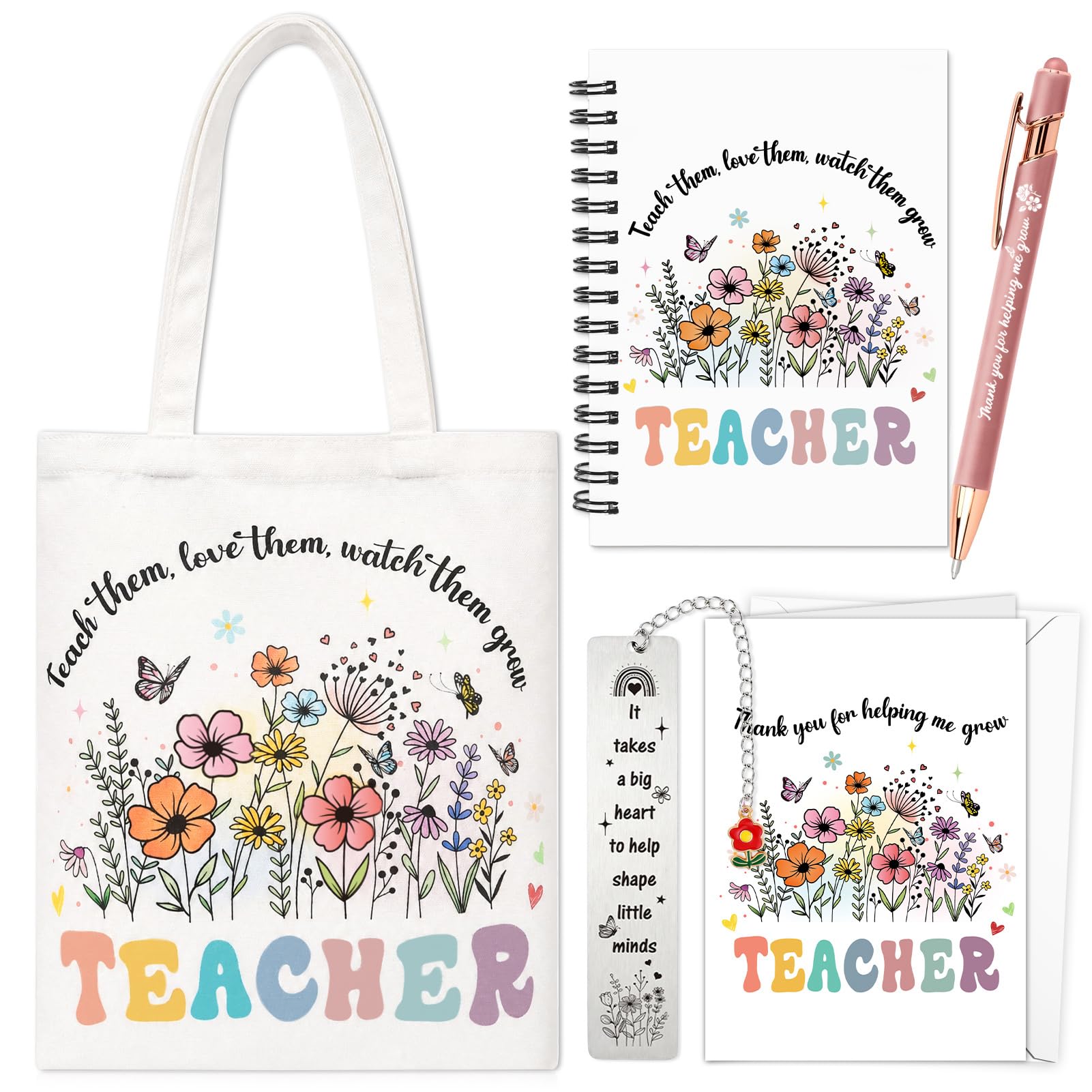 HOWAF Thank You Teacher Gifts, Teacher Bag Floral Canvas Tote Bag, Notebook, Ballpoint Pen, Bookmark, Teachers Card for Teaching Assistant, Teachers Leaving Gift, Appreciation Gift