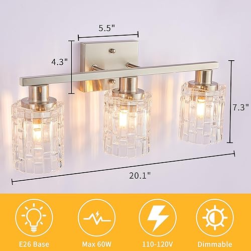 Miniatura 5 de Lámpara de tocador de baño de níquel cepillado de 3 luces, iluminación moderna con pantalla de cristal, accesorios de iluminación de baño de montaje